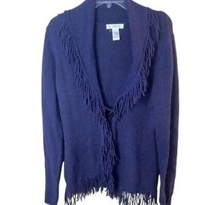 Susan Bristol Women's Purple Fringe Cardigan Sweater Size Large Wool Blend Artsy